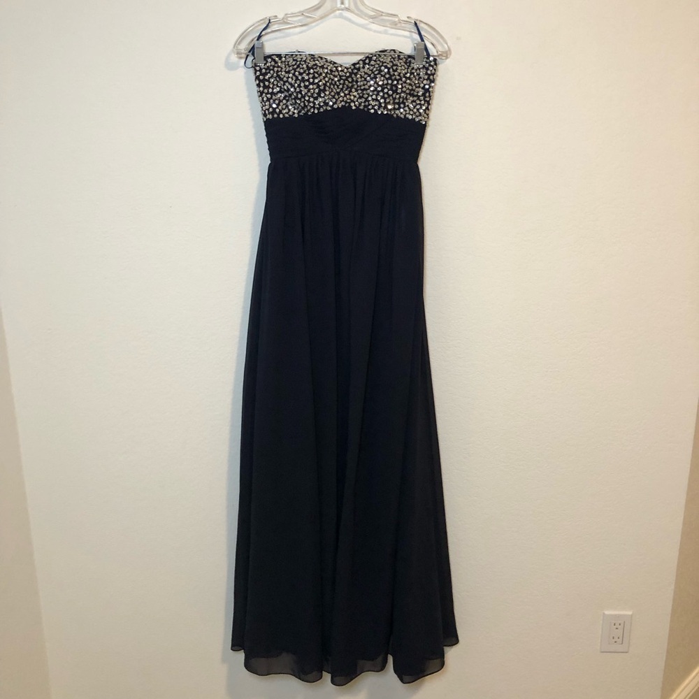 Custom Navy and Silver Beaded Strapless Gown Size 2